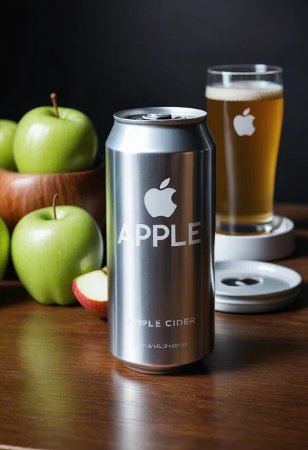 brushed aluminium beer can with white Apple logo, text Apple Cider, on table,  <lora:texta:1>