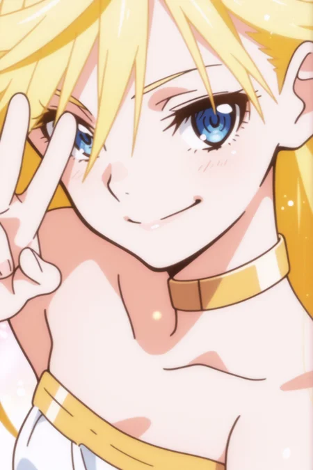 <lora:PantyStoking:0.8>  Shiro, female, blonde hair, yellow hair, blue eyes, upper body portrait, peace sign over one eye, V-sign hand gesture near eye, confident smile, white outfit, white dress, gold collar, gold accents, flowing spiky hair, fair skin, colorful background, bokeh lights, anime style, detailed lighting, shoulder-up view, looking at viewer, pink accents, playful expression