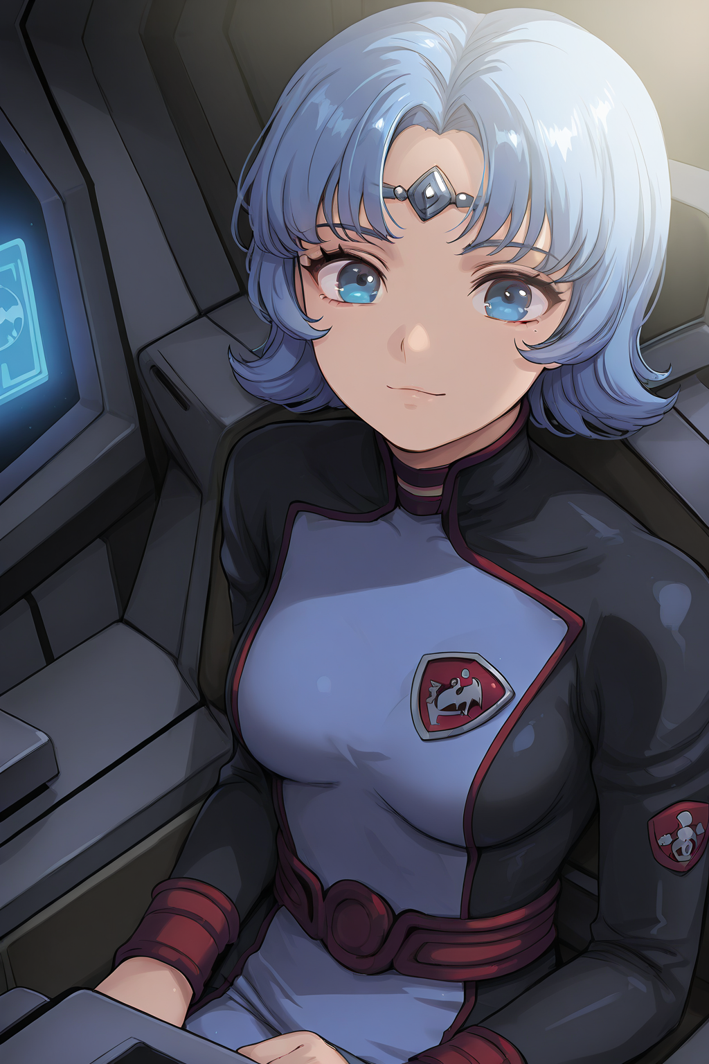1girl, ETHairstyle, ETOutfit,
general, solo, perspective, upper body,
blue hair, blue eyes, eyelashes, 
circlet, multicolored bodysuit, emblem, red belt,
light smile, pilot, sitting, 
science fiction, starcraft, 
depth of field,
<lora:kp_EkuryuaSeikaiIllustrious_v1_0:1.0>,
masterpiece, best quality, amazing quality