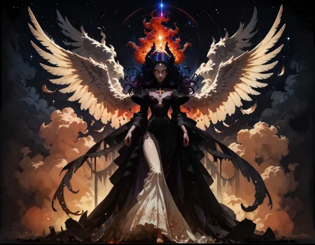 score_9, score_8_up, score_7_up, score_6_up, score_5_up, score_4_up,  1girl, full body, white angel wings, large wings, feather wings, solo, cosmic fire, koling, human face, cosmic, half open eyes, glowing eyes, magic eyes, glowing chest, cosmic body, very cosmic hair, black wizard robe, golden cross on chest, evil smirk, absurd res