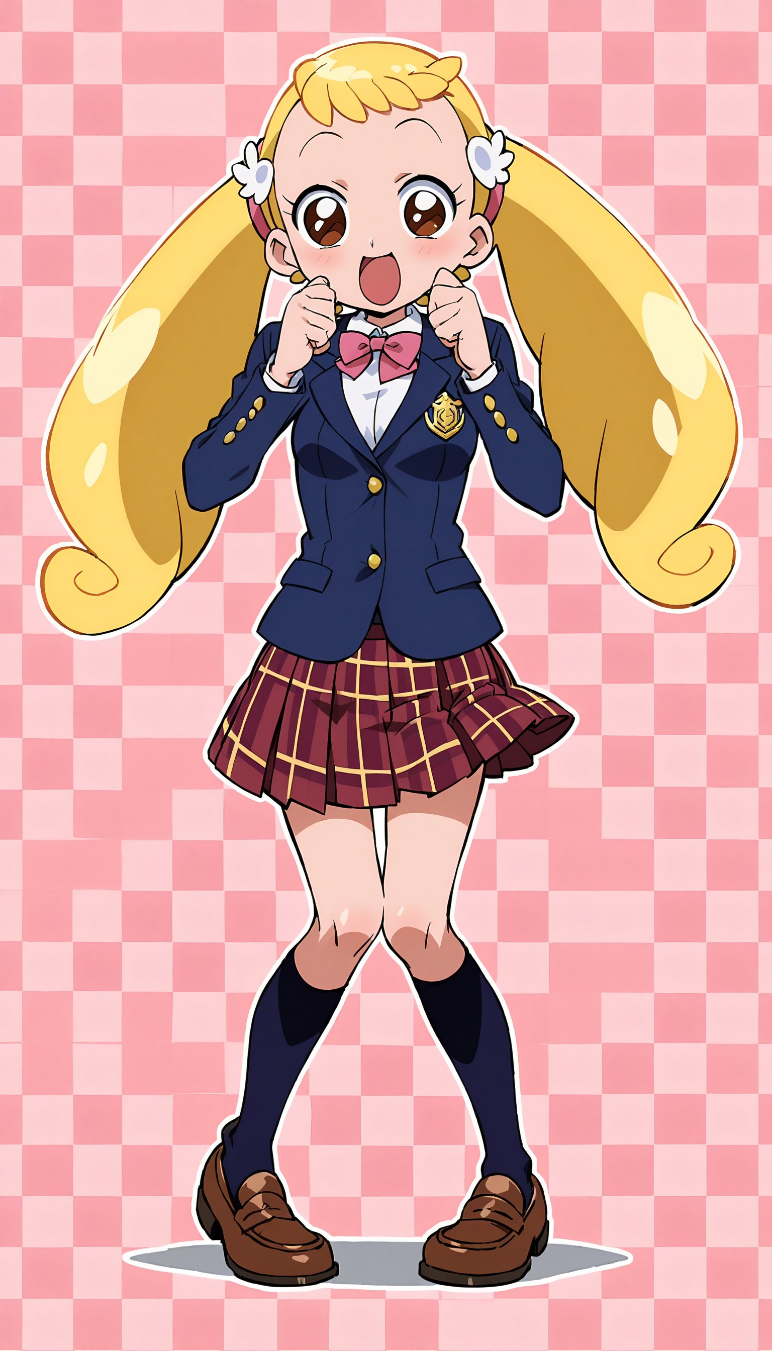 anime artwork of score 9,score_8_up,score_7_up,source_anime,masterpiece,best quality,(parody:1),(anime screencap:1.2),
BREAK
(makihatayama hana:1),1girl,twintails,blonde hair,brown eyes,ornament,hairband,solo,
BREAK
school uniform,blazer,((brown checkered:1.5) pleated skirt:1.2),(pink bowtie:1.2),(kneehighs:1.2),loafers,
BREAK
(perfect hands:1.2),smile,cute pose,(magical background:1.2),abstract background,
<lora:hana_makihatayama_xl_for_pony_xl_v01:1>,<lora:hand 4:1>,