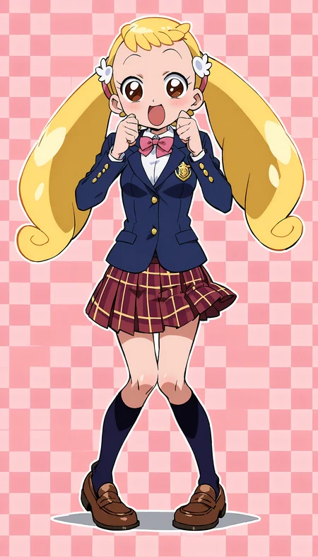 anime artwork of score 9,score_8_up,score_7_up,source_anime,masterpiece,best quality,(parody:1),(anime screencap:1.2),
BREAK
(makihatayama hana:1),1girl,twintails,blonde hair,brown eyes,ornament,hairband,solo,
BREAK
school uniform,blazer,((brown checkered:1.5) pleated skirt:1.2),(pink bowtie:1.2),(kneehighs:1.2),loafers,
BREAK
(perfect hands:1.2),smile,cute pose,(magical background:1.2),abstract background,
<lora:hana_makihatayama_xl_for_pony_xl_v01:1>,<lora:hand 4:1>,