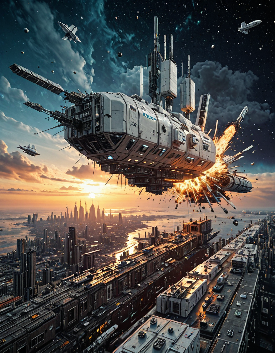 <lora:Space_Worlds_Minis_3v2:1> swminis3all. swminis3bis, mothership, space station, sunset, street, cyberpunk city, global illumination, sea, explosion,