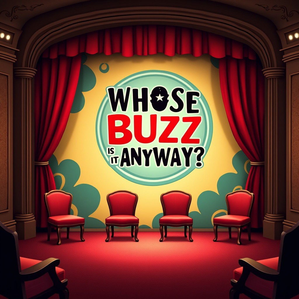 Design a stylized stage background for an improv comedy show titled 'Whose BUZZ Is It Anyway?'. The set features a vibrant and colorful backdrop with abstract swirls and shapes. The title, written in bold, playful font, stands out in the center, with silhouettes of four comedians in a circular emblem near the text. The scene has a cozy, vintage theater vibe, with ornate woodwork and soft lighting highlighting the red velvet floor and simple chairs arranged on stage. The atmosphere is inviting, humorous, and lively, perfect for an energetic live performance.