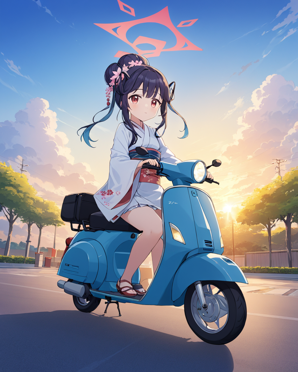 fuuka \(blue archive\),1girl, kimono, halo, official_alternate_costume, ground_vehicle, solo, outdoors, scooter, hair_bun, obi, hair_flower, wide_sleeves, sky, cloud, sidelocks, looking_at_viewer
<lora:fuuka_(blue_archive)_image510_2023-11-23-000012:1>. gorgeous,key visual, vibrant, studio anime,award-winning, professional, highly detailed,high budget, cinemascope