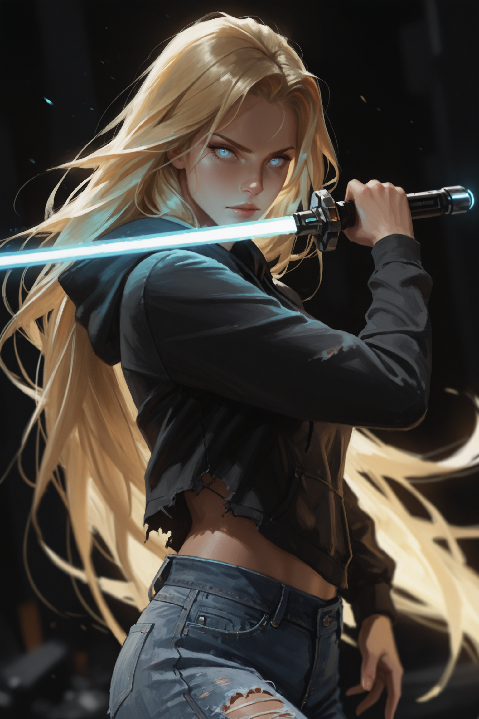 1girl, lightsaber, long hair, blonde hair, solo, energy sword, weapon, hood, sword, hoodie, denim, holding, , blue eyes, torn clothes, looking at viewer, torn pants, very long hair, holding weapon, jeans, holding sword, hood down, pants, dark background, long sleeves, upper body, fighting stance, glowing palm, hand up, masterwork, masterpiece, best quality,  detailed, depth of field, , high detail, best quality, very aesthetic, 8k, dynamic pose, depth of field, dynamic angle, adult,  aged up