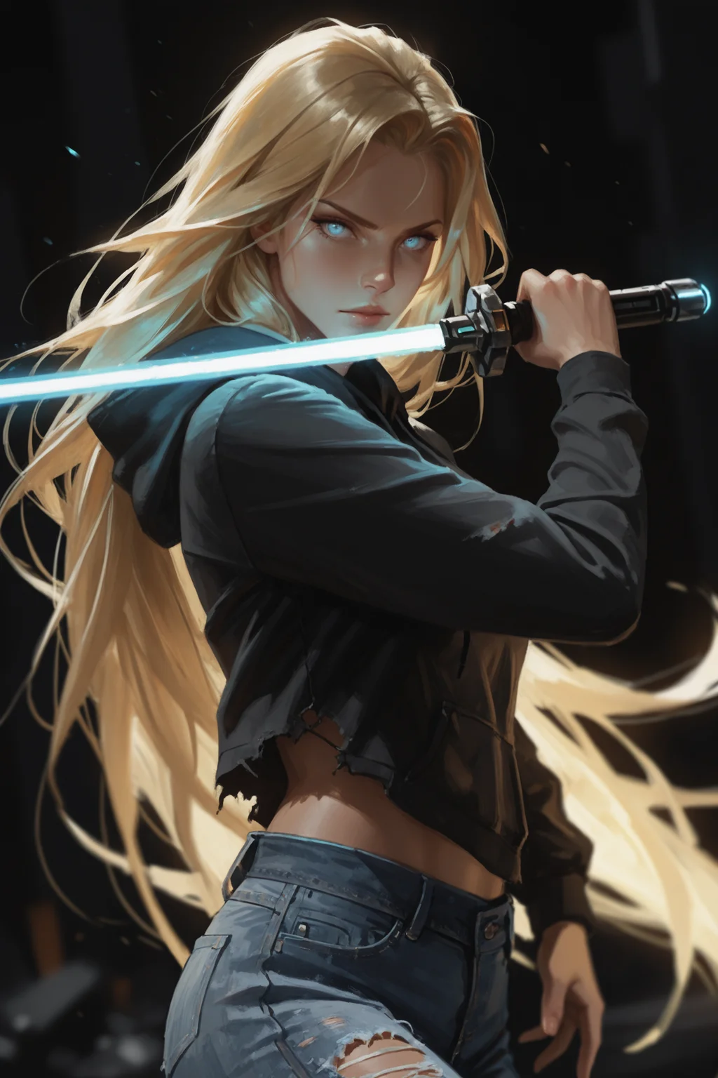 1girl, lightsaber, long hair, blonde hair, solo, energy sword, weapon, hood, sword, hoodie, denim, holding, , blue eyes, torn clothes, looking at viewer, torn pants, very long hair, holding weapon, jeans, holding sword, hood down, pants, dark background, long sleeves, upper body, fighting stance, glowing palm, hand up, masterwork, masterpiece, best quality, detailed, depth of field, , high detail, best quality, very aesthetic, 8k, dynamic pose, depth of field, dynamic angle, adult, aged up