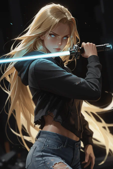 1girl, lightsaber, long hair, blonde hair, solo, energy sword, weapon, hood, sword, hoodie, denim, holding, , blue eyes, torn clothes, looking at viewer, torn pants, very long hair, holding weapon, jeans, holding sword, hood down, pants, dark background, long sleeves, upper body, fighting stance, glowing palm, hand up, masterwork, masterpiece, best quality,  detailed, depth of field, , high detail, best quality, very aesthetic, 8k, dynamic pose, depth of field, dynamic angle, adult,  aged up