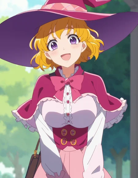 score_9, score_8_up, score_7_up, anime screencap, solo,1girl,asahinamiraimd,school uniform, witch, pink witch hat,skirt,frilled skirt,capelet,suspender,purple eyes,blonde hair,smile, looking at viewer,cowboy shot,large breasts ,blush,open mouth<lora:asahinamiraimd:0.8>