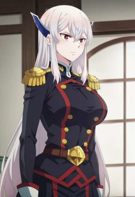 <lora:Kyouka Uzen:1>kyouka uzen, long_hair, 1girl, solo, white_hair, red_eyes, hair_between_eyes, large_breasts, uniform, military, epaulettes, military_uniform,, score_9, score_8_up, score_7_up, score_6_up, score_5_up, score_4_up ,BREAK source_anime, anime