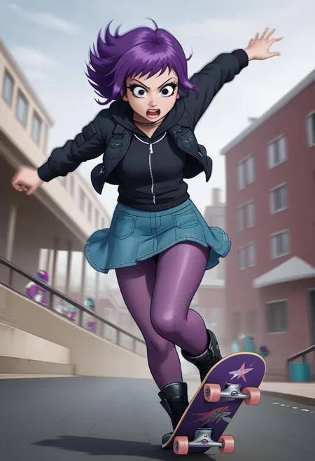 score_9, score_8_up, score_7_up, 1girl, (skateboard:1.2), full body, ramona flowers, jacket, black hoodie, layered clothing, jean skirt, purple pantyhose, boots, outside, (kickflip:1.1), skatepark, jumping, (dynamic pose:1.1), front view, action shot, motion blur, zPDXL2