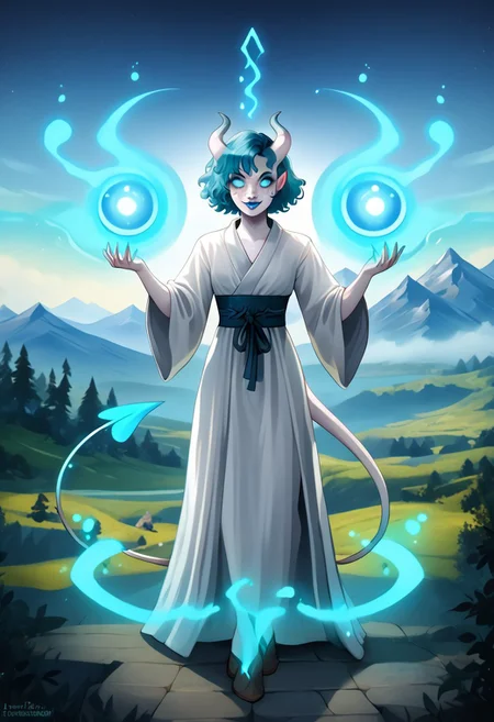 Solo, full body, female, Tiefling, pointed ears, short white horns, light blue tipped horns, colored sclera, smiling, cute face, freckles, ghostly white skin, short teal hair, blue lipstick, blue eye makeup, teal eyes, long demon tail, triangle tip tail, tail, sorcerer, light blue sorcerer robe, Aura, light blue energy, glowing, swirling energy, dynamic pose, scenery, mountain, white tail, black pupils