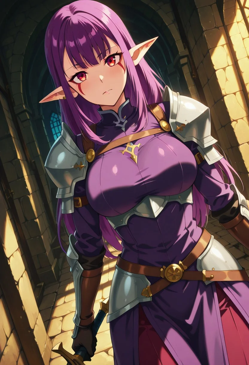 general,highres, ultra-detailed,very aesthetic,best quality ,best hands,best eyes,easynegative,
dynamic anglre, dutch angle, anime cloring,
1girl solo,looking at viewer,dungeon, sword, standing, holding weapon,
Esil Radiru,purple hair, long_hair, pointy_ears, red eyes, large_breasts, facial mark,armor,