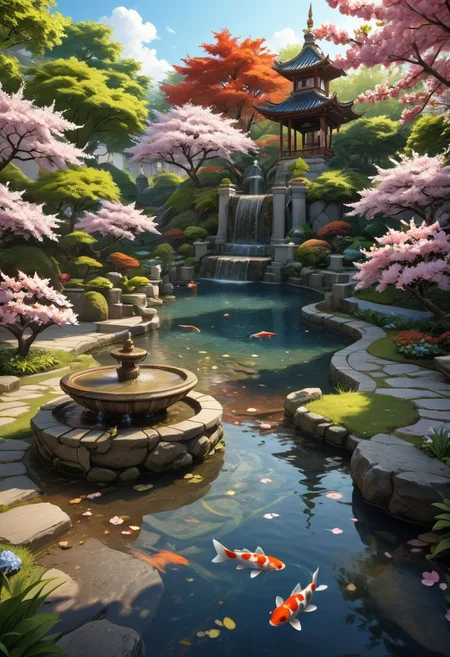 (masterpiece), realistic lighting, score_9, score_8_up, score_7_up, source_anime, realistic, intricate details, hyperdetailed, extremely sharp, 4k, ,vivid colors,
((masterpiece)), ((best quality)), (ultra-detailed), absurdres, extremely detailed CG unity 8k wallpaper, Official Art, (garden,with fountain, koi fish, flowers, cherry blossom trees, leaves on the ground, colorful, late spring scenery, illustration, dramatic lighting:1.1),
hyperdetailed, hyperrealistic, 8k, high quality, hi res, best quality, high quality, absurd res, volumetric lighting, reflections, polished, intricate, soft warm lighting,