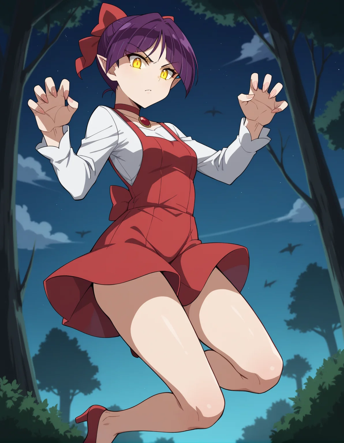 score_9, score_8_up, score_7_up, source_anime, rating_safe, BREAK <lora:nekomusume_XL-Pony_LoRA-C3Lier_8-8-8-8_AdamW_Un3e-4_Te1.5e-4_10batch:1>, nekomusume, 1girl, cat girl, purple hair, short hair, single hair bun, yellow eyes, pointy ears, hair bow, red bow, red choker, white shirt, jewelry, gem, brooch, ribbon, long sleeves, red dress, pinafore dress, short dress, bare legs, red footwear, high heels, claw pose, dutch angle, jumping, incoming attack, looking down, from below, glowing eyes, light rays, serious, twisted torso, night, forest, dappled moonlight, moonlight, cloud, night sky