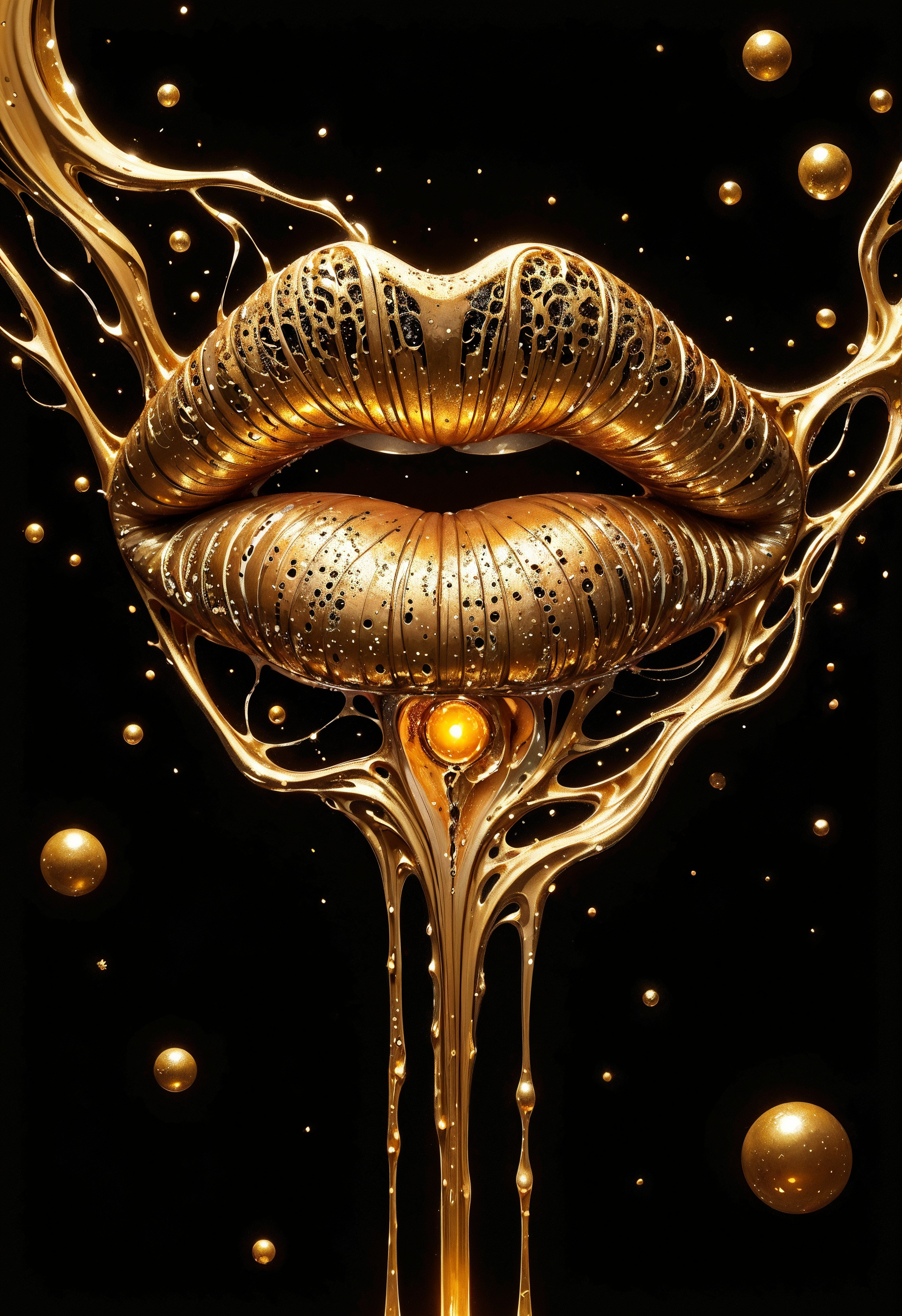(in Otomo Katsuhiro style:1.2), high-quality, masterpiece, Close-up of a womans lips with delicate gold ink flowing from their mouth, forming intricate patterns as it drips down, the gold glowing faintly in the soft light, Style is Minimalist and abstract, Lighting is Low-key with glowing highlights, Gold ink textures, soft flow, intricate patterns, intimate composition, (elaborate fine details:1.1), (hyperdetailed:1.1), (intricate details:1.0), (Refined details:1.1), (best quality:1.1), (high resolution:1.2)
