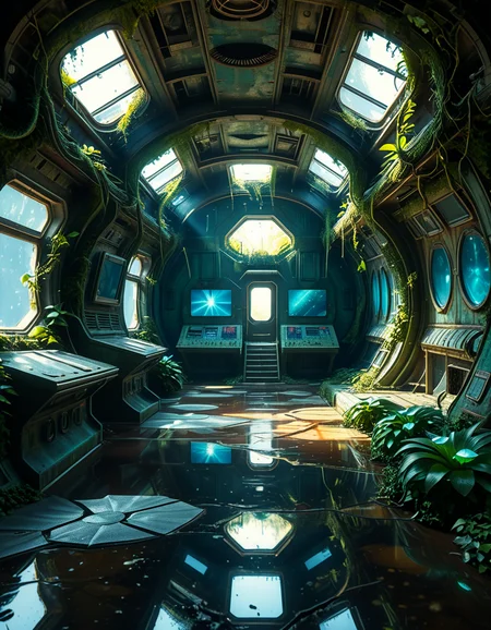 The interior of an ancient abandoned spaceship, overtaken by lush vegetation. The walls and ceiling are covered in thick, twisting vines and moss. Strange alien plants glow faintly in shades of blue and green, casting an eerie, mystical light across the metallic surfaces. Rusted control panels and shattered glass windows hint at a long-forgotten past. The floor is cracked and partially flooded with still, reflective water. Patches of bioluminescent fungi cling to the corners, adding a surreal atmosphere. The air feels heavy with moisture, and beams of soft, diffused light filter through holes in the hull, creating dramatic shafts of light and shadow. The overall style is hyper-realistic, rich in textures, with a cinematic and slightly melancholic mood.<lora:SDXLFaeTastic2400:0.4> <lora:extremely_detailed:0.4> extremely detailed,<lora:ancient_abandoned_sp4c3sh1p:1>,ancient abandoned sp4c3sh1p, Masterpiece,best quality,hi res,8k,hi res,8k,award winning,(sharp focus, intricate, highly detailed),