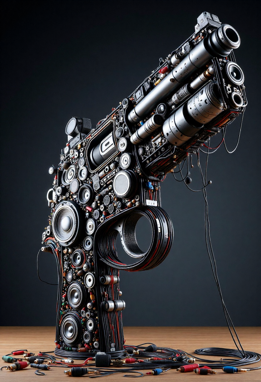 <lora:Audio_Artisan_FLUX:0.9>
Realistic photo of a gun made entirely of various electronic components and audio equipment.