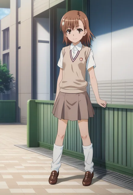 newest, masterpiece, best quality, 4k,
outdoors, very aesthetic, detailed background, full body,
1girl, solo, <lora:MisakaPony:1> m1saka, misaka mikoto, brown hair, short hair, hair ornament, brown eyes, tokiwadai school uniform, brown sweater vest, school emblem, loose socks, white socks, brown loafers,