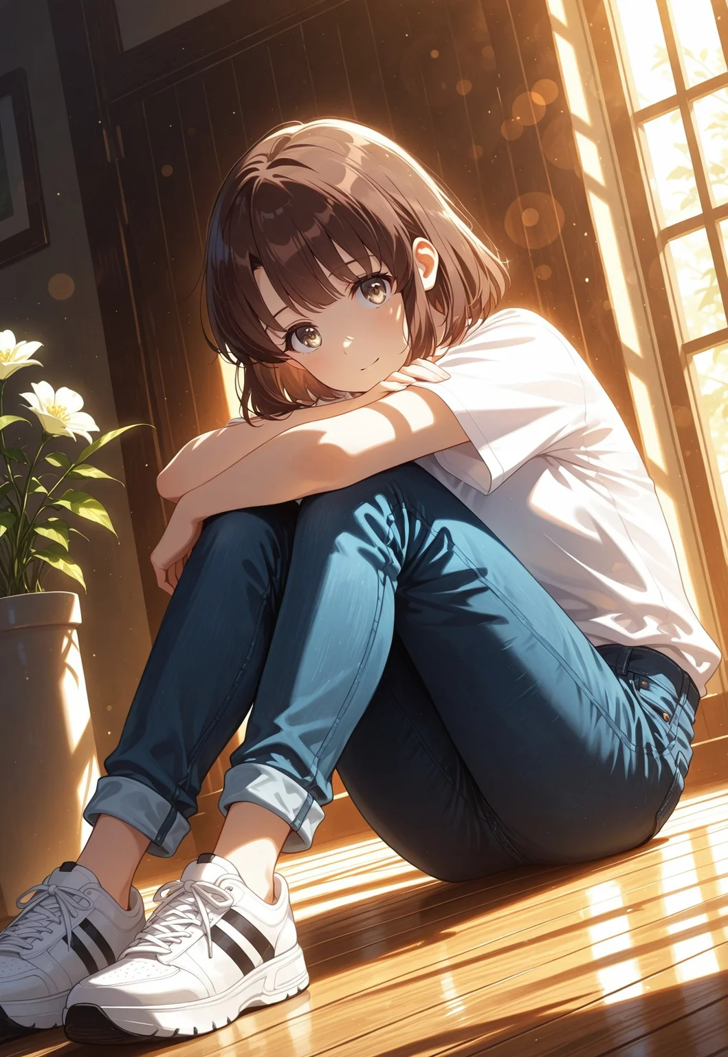 safe_pos, dynamic view, dutch angle, dynamic angle, cinematic framing, (digital painting:0.8), auralora, (aura:0.2), mythp0rt, bokeh, (luminescent background:0.8),
elegant, masterpiece, best quality, highly detailed, high contrast, dramatic shadows, raytracing, subsurface scattering,
gentle smile, sitting on wooden floor, knees bent, arms resting on knees, relaxed posture, wearing oversized white T-shirt, loose-fitting rolled-up jeans, white sneakers, flower pots, green leaves, sunlit garden setting, soft and bright lighting, relaxed and peaceful mood, looking at viewer,
(solo), 1girl,Megumi <lora:IL-KatoMegumi:0.8>,brown hair,katou megumi,brown eyes,medium breasts,short hair, ((detailed eyes))