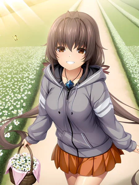 1girl,souma,inoino,casual outfit,hood down,<lora:Souma__Spica_-_Exs-Tia:1>,medium breasts,souma (skipping:1.3) through a (flower-filled:1.2) meadow,(sunlight:1.4) streaming down,(smiling:1.5) with a (basket:1.1) of wildflowers. (Whimsical:1.2) butterflies fluttering around,(soft:1.3) breeze,and (vibrant:1.2) colors,, masterpiece,best quality,amazing quality,