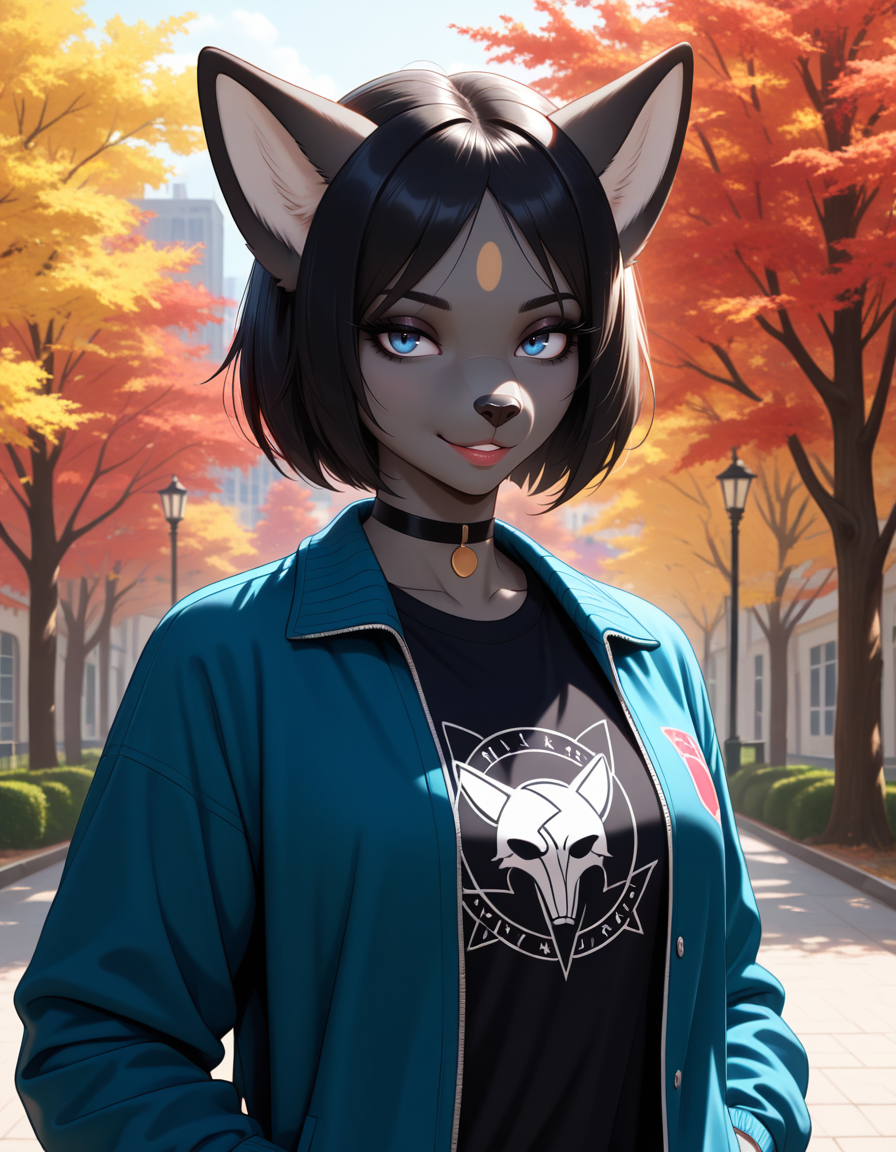 masterpiece, best quality, very aesthetic, absurdres,
outdoors,
upper body,  posing, 
t-shirt, jacket, 
standing, posing, 
 seductive smile, parted lips, long eyelashes,
<lora:Iris_v01_NAIXL:1>
1r15,1girl,solo,furry,furry female,animal ears,black hair,short hair,black hair,blue eyes,animl nose,snout,black choker,body fur,grey fur,