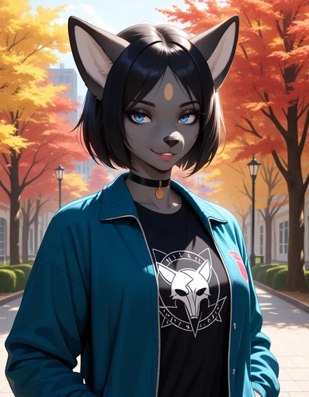 masterpiece, best quality, very aesthetic, absurdres,
outdoors,
upper body,  posing, 
t-shirt, jacket, 
standing, posing, 
 seductive smile, parted lips, long eyelashes,
<lora:Iris_v01_NAIXL:1>
1r15,1girl,solo,furry,furry female,animal ears,black hair,short hair,black hair,blue eyes,animl nose,snout,black choker,body fur,grey fur,