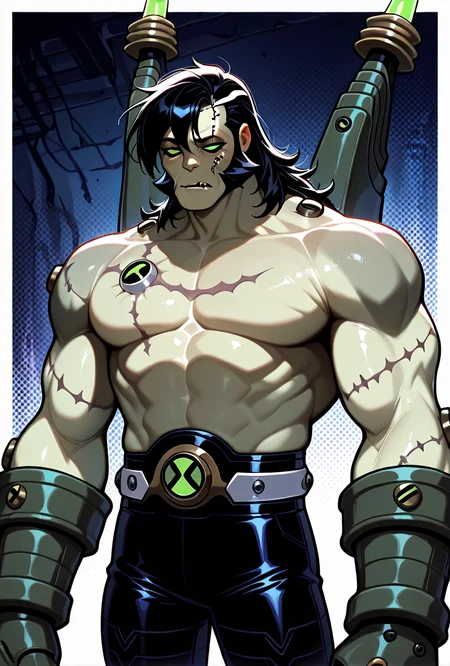 <lora:frankenstrike-10:1> frankenstrike, solo, black hair, colored skin, muscular, 1boy, scar, topless male, gauntlets, long hair, , belt, stitches, pants, bolts, sideburns,, upper body, halftone effect, white borders, abstract background:1.2,, masterpiece, best quality, amazing quality, very aesthetic, absurdres, newest,