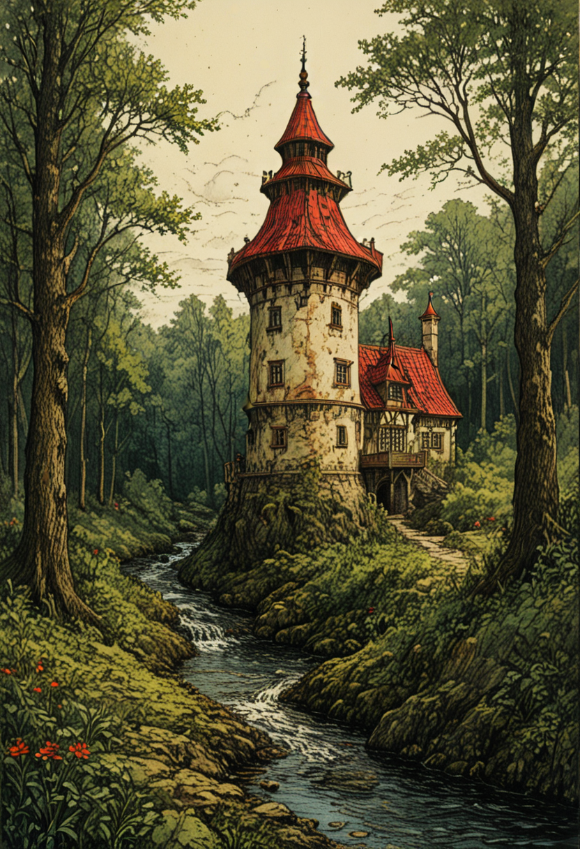 an old castle in the middle of the forest, surrounded by lush green trees and a small stream in front of the castle, Anton Pieck style, Efteling, Anton Pieck style, Efteling, Anton Pieck Style, wdblkCE_style, idyllic, romanticized, mood, serene, magical, quiet, peaceful hopeful. pink red yellow white :: rough strokes, gritty, gangly, dark :: Lovely, dynamic, cute