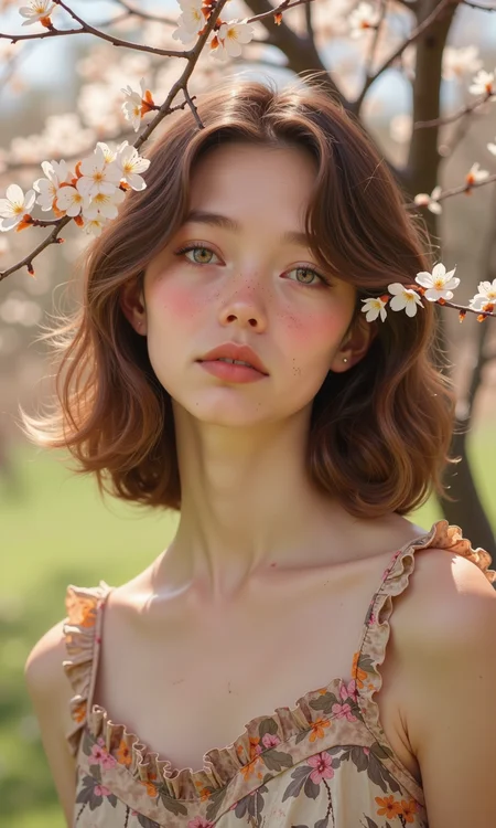 Close-up of a young woman outdoors.
The woman has shoulder-length, light brown, wavy hair that frames her face. Her expression is calm and neutral. Her eyes are a light hazel or green color, and her skin is fair with a subtle rosy glow. She has a delicate, almost ethereal quality.
She is wearing a sleeveless top with a light beige/cream-colored background and a floral print in muted pinks, oranges, and browns. The top has ruffles or frills at the neckline and the straps.
The background is out of focus, but consists of the branches and blossoms of a tree, likely a cherry or similar flowering tree, in soft, natural light. The background colors are predominantly light beige, cream, and soft greens giving a soft, pastoral/springtime feel.
The lighting suggests sunlight, casting a warm glow on the subject and the surrounding area. The shallow depth of field keeps the focus primarily on the woman's face and upper body.
<lora:FLUX-daubrez-DB4RZ-v2:1> DB4RZ, DB4RZ style painting