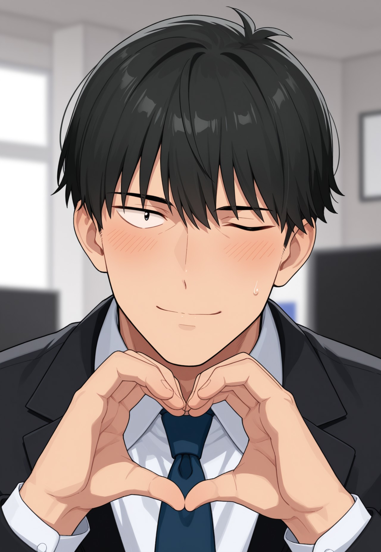 masterpiece, best quality, 1boy, male focus, t4k3uch1_p,black hair,black eyes,sanpaku, white shirt,collared shirt,blue necktie,black jacket,suit jacket, one eye closed, sweat drop, blush,  four-finger heart hands, looking at viewer, light smile, indoors, blurry background, office, dynamic pose, close-up