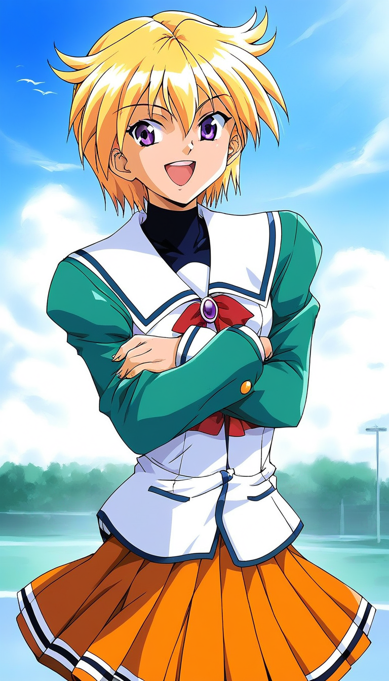 score_9, score_8_up, score_7_up, source_anime, rating_explicit, BREAK  <lora:Ijuin_Mei_XL:1> Ijuin_Mei, blonde hair, short hair, purple eyes,
1girl, solo, skirt, crossed arms, orange skirt, open mouth, pleated skirt, 1990s (style), school uniform, smile, green long sleeves, white shirt,
day, sky,