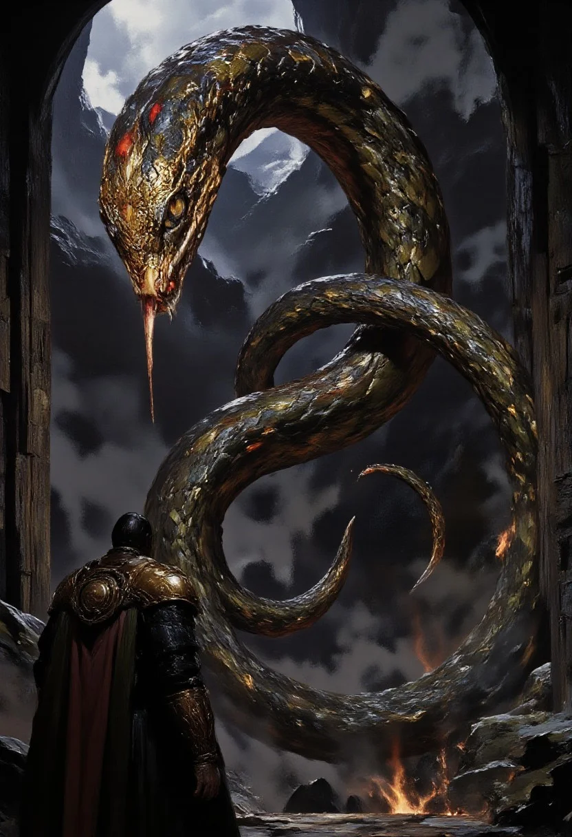 epic fantasy scene, large serpent with intricate golden jewelry and red gemstone, coiled intricately, rocky cave, dim lighting, misty atmosphere, realistic style, digital painting, fantasy art, detailed textures, cave walls with rough surfaces, serpent's scales glistening, human figure in medieval armor, holding a spear, cave floor with scattered rocks, background with fog and shadowy mountains, dramatic lighting, mysterious and ominous mood, high level of detail, artist: unknown, fantasy setting, adventure, exploration, mythical creature, perilous encounter, adventure game-like, ancient ruins, dark and mystical environment, epic confrontation, mythical beast, danger and bravery, dramatic scene, powerful visual impact