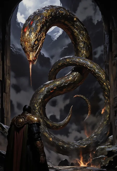 epic fantasy scene, large serpent with intricate golden jewelry and red gemstone, coiled intricately, rocky cave, dim lighting, misty atmosphere, realistic style, digital painting, fantasy art, detailed textures, cave walls with rough surfaces, serpent's scales glistening, human figure in medieval armor, holding a spear, cave floor with scattered rocks, background with fog and shadowy mountains, dramatic lighting, mysterious and ominous mood, high level of detail, artist: unknown, fantasy setting, adventure, exploration, mythical creature, perilous encounter, adventure game-like, ancient ruins, dark and mystical environment, epic confrontation, mythical beast, danger and bravery, dramatic scene, powerful visual impact