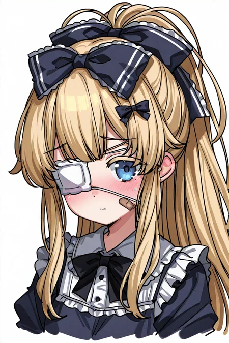 <lora:Hayama_IL:1> hayamasalt, 1girl, eyepatch, solo, blonde hair, blue eyes, bandaid, blush, white background, upper body, looking at viewer, ponytail, simple background, bow, long hair, medical eyepatch, hair bow, dress, pencil drawing, sketch, pencil coloring