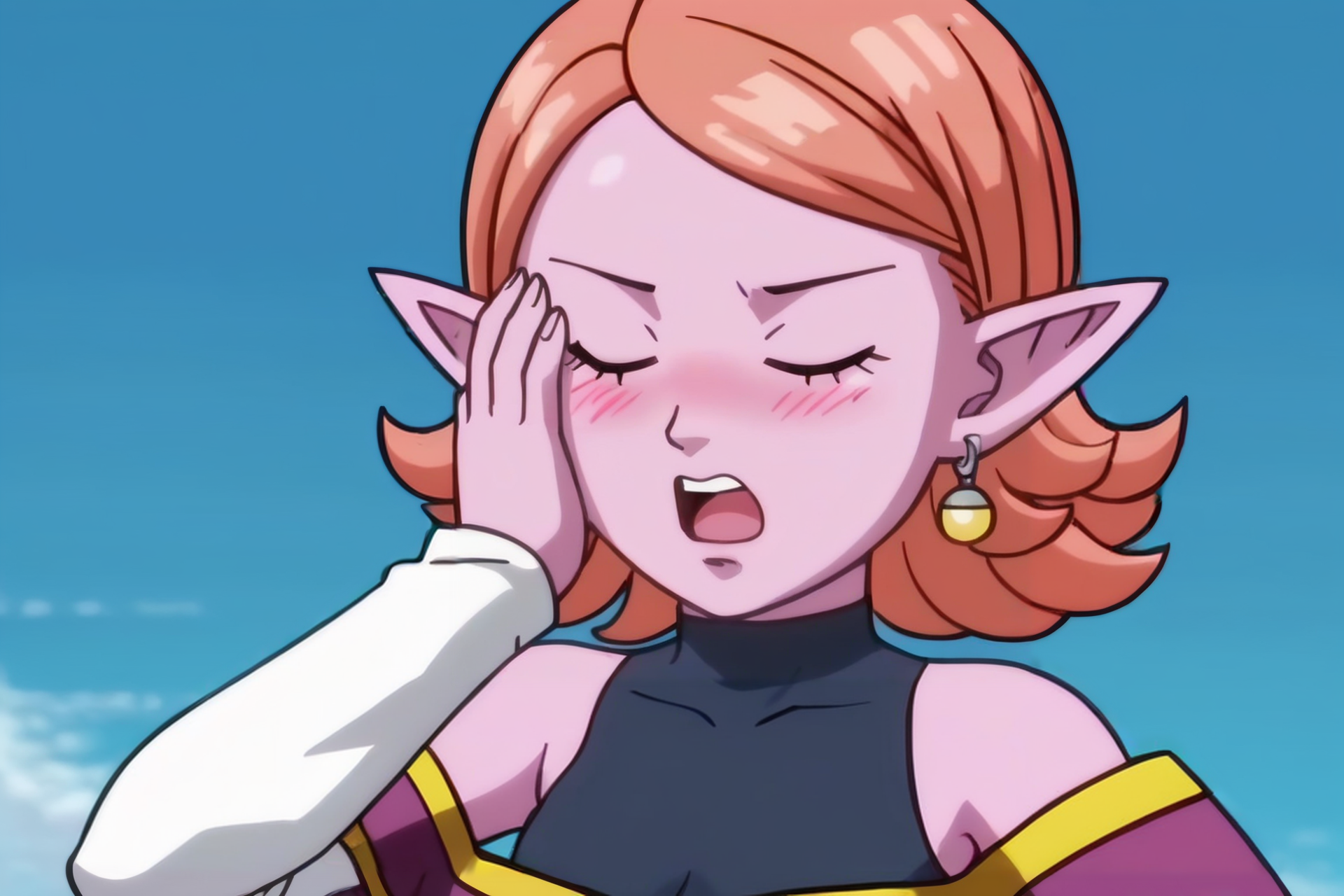source_anime, score_9, score_8_up, score_7_up, anime screencap,8k, absurdres, 
chronoa, 1girl, solo, blush, short hair, open mouth, Sacred World of the Kai, moon, bare shoulders, potara earrings, closed eyes, upper body, pointy ears, colored skin, facepalm, covering face, purple skin, white sleeves, sleeveless turtleneck leotard, purple tunic, portrait, orange hair, off shoulder, eyelashes, kai tunic, small breasts, detached sleeves, blue leotard, official style, 
 <lora:chronoa_pony_v1:0.8>