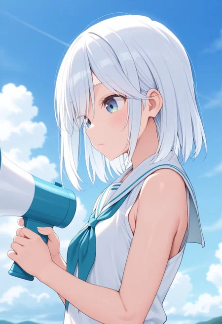 masterpiece,best quality,amazing quality,amagami asahi, blue-white hair, blue eyes, 1girl, solo, megaphone, sky, upper body, sailor collar, holding, cloud, sleeveless, blue sky, day, outdoors, closed mouth