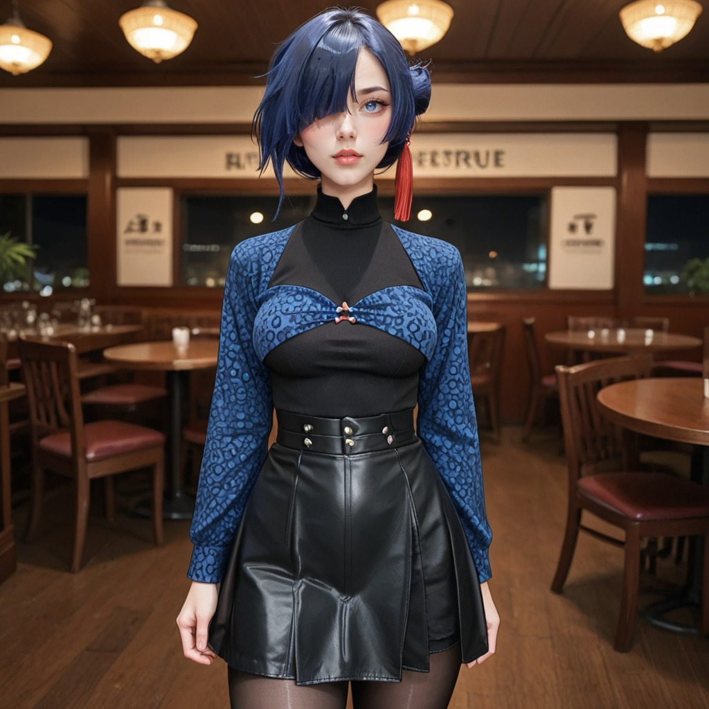 score_9_up, score_8_up, score_7_up, (masterpiece), (best quality), (ultra-detailed), (very aesthetic:1.2), intricate details, perfect composition, absurdres,
one girl, <lora:Xiao_Xinyue:0.8> , Xiao Xinzyue, blue hair, blue eyes, mole under eye, hair over one eye, single hair bun, medium breasts,  
looking at viewer, standing up, 
leopard print long sleeve top, high waist long black leather skirt, black pantyhose,  black chunky platform ankle boots, blushing, looking at viewer, restaurant scene,
<lora:Expressive_H-000001:0.8>, expressiveh,