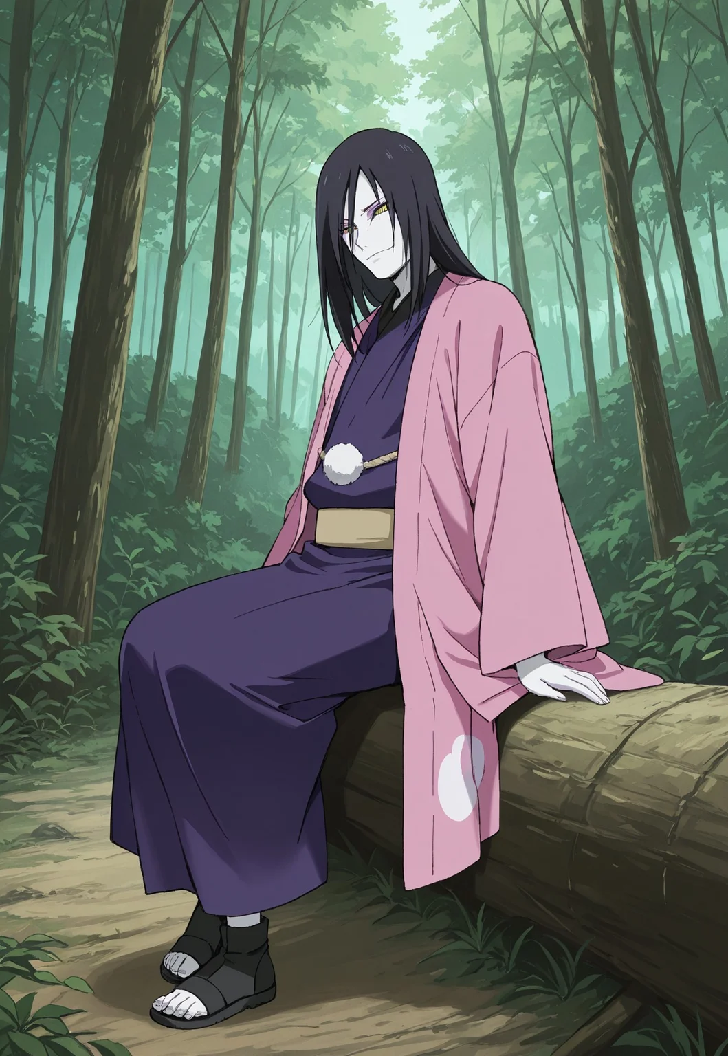 masterpiece, best quality, very aesthetic, NRTO_Orochimaru, 1boy, solo, male focus, black hair, long hair, yellow eyes, slit pupils, white skin, purple eyeliner, YukaOro, japanese clothes, beige obi, purple kimono, pink sleeveless haori, alternate outfit, black toeless footwear, sitting, forest, day, dynamic perspective
