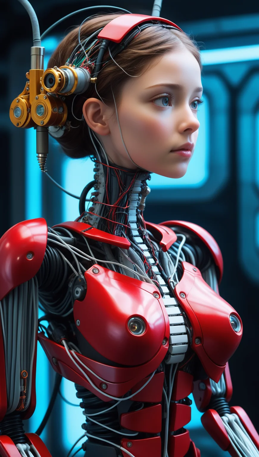 ((Full front shot)),(best quality),((an extremely delicate and beautiful)),((Chest covered)),cinematic light,(1mechanical girl),solo,((upper torso hanging by wires)),((Hanging by wires and tubes)),(machine made joints:1.2),((mechanical limbs)),(blood vessels connected to tubes),(mechanical vertebra attaching to back),((mechanical cervical attaching to neck)),(sitting),(chest covered),(wires and cables attaching to neck:1.2),(wires and cables on head:1.2),(character focus),science fiction,