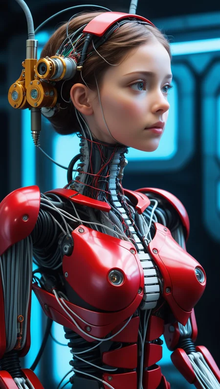((Full front shot)),(best quality),((an extremely delicate and beautiful)),((Chest covered)),cinematic light,(1mechanical girl),solo,((upper torso hanging by wires)),((Hanging by wires and tubes)),(machine made joints:1.2),((mechanical limbs)),(blood vessels connected to tubes),(mechanical vertebra attaching to back),((mechanical cervical attaching to neck)),(sitting),(chest covered),(wires and cables attaching to neck:1.2),(wires and cables on head:1.2),(character focus),science fiction,