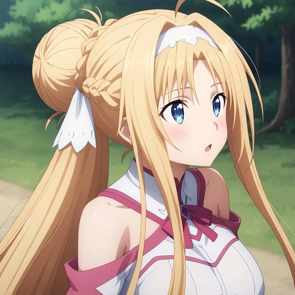 (masterpiece), best quality, perfect eyes, expressive eyes, perfect face, expressive face, perfect hands, (((((detailed hair))))), (((perfect eyes))), perfect legs, (((1 Girl))), (Sylpha), very long hair, blue eyes, huge breasts, blushing, (((aroused))), moaning, blonde hair, very long hair, hair up, (hair bun), folded ponytail, ((long sidelocks)), ahoge, blonde hair, blue eyes, hair between eyes, bangs, ((white hairband)), (((hair ribbon))), (((((view up close))))), view from side, outdoors, forest, trees, stacia, (((((absurdly long hair))))), blue eyes, long hair, parted bangs, blonde hair, very long hair, very long sidelocks, braid, hair up, ((hair bun)), (ponytail), hair ribbon, alice zuberg, blue eyes, parted bangs, blonde hair, very long hair, very long sidelocks, braid, hair up, ((hair bun)), (ponytail), astnig, asuna \(sao\), (((((absurdly long hair))))), blue eyes, parted bangs, blonde hair, very long hair, very long sidelocks, braid, hair up, ((hair bun)), (ponytail), hair ribbon, off shoulder, long sleeves, halterneck, ribbon trim, white nightgown, two-tone dress, (((pink trim))), layered skirt,
