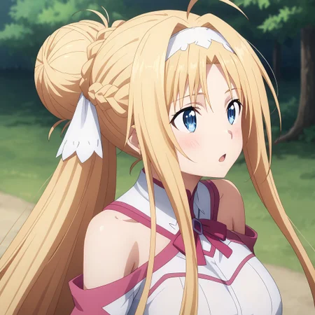 (masterpiece), best quality, perfect eyes, expressive eyes, perfect face, expressive face, perfect hands, (((((detailed hair))))), (((perfect eyes))), perfect legs, (((1 Girl))), (Sylpha), very long hair, blue eyes, huge breasts, blushing, (((aroused))), moaning, blonde hair, very long hair, hair up, (hair bun), folded ponytail, ((long sidelocks)), ahoge, blonde hair, blue eyes, hair between eyes, bangs, ((white hairband)), (((hair ribbon))), (((((view up close))))), view from side, outdoors, forest, trees, stacia, (((((absurdly long hair))))), blue eyes, long hair, parted bangs, blonde hair, very long hair, very long sidelocks, braid, hair up, ((hair bun)), (ponytail), hair ribbon, alice zuberg, blue eyes, parted bangs, blonde hair, very long hair, very long sidelocks, braid, hair up, ((hair bun)), (ponytail), astnig, asuna \(sao\), (((((absurdly long hair))))), blue eyes, parted bangs, blonde hair, very long hair, very long sidelocks, braid, hair up, ((hair bun)), (ponytail), hair ribbon, off shoulder, long sleeves, halterneck, ribbon trim, white nightgown, two-tone dress, (((pink trim))), layered skirt,