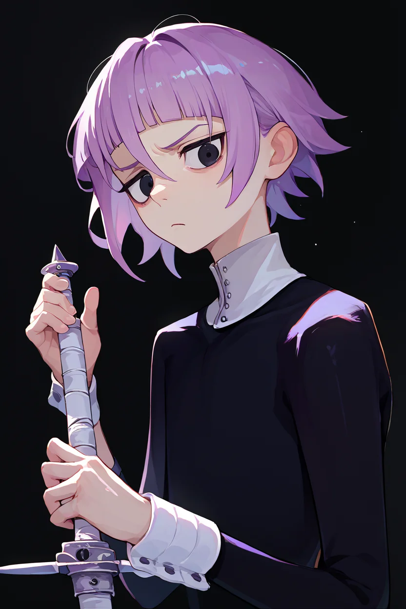 score_9, score_8_up, score_7_up, score_6_up, source_anime, solo, <lora:crona-pdxl-nvwls-v1-000005:1> crona, purple hair, short hair, black eyes, white collar, black dress, long sleeves, long dress, wrist cuffs, holding sword, annoyed, looking at you, black background