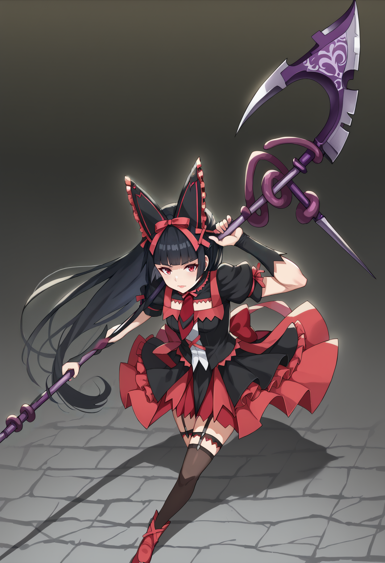 score_9, score_8_up, score_7_up, BREAK source_anime, 1girl, rory mercury, black hair, red eyes, hime cut, blunt bangs, goth fashion, hair bow, hair ribbon, frilled dress, red necktie, garter straps, black thighhighs, holding weapon, halberd, from above, gradient <lora:hskc-rorymercury-pony-v0.6-000009:1>
