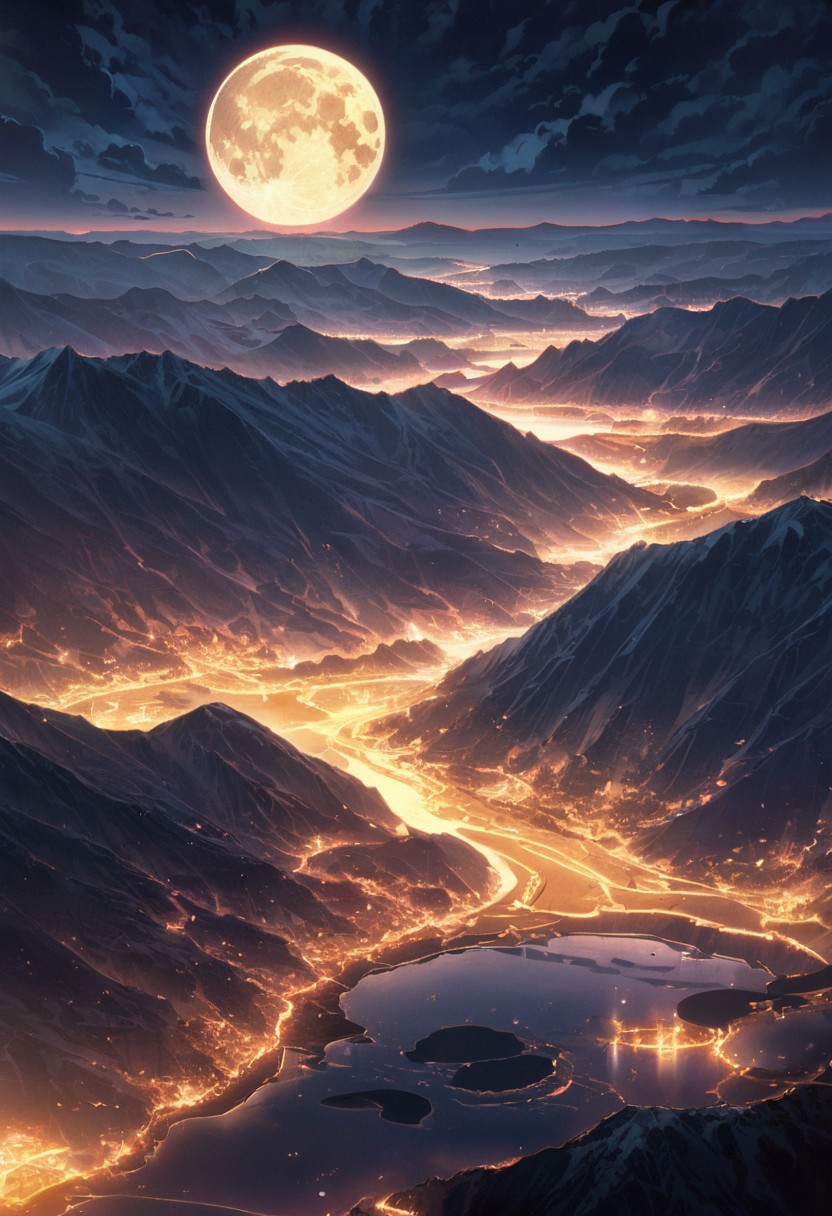 A haven for Earth, detailed landscape, captivating, fantastic, great lighting, Nature, grasslands, mountain, Caldera lake, night, moon, super moon, moonlight,( from above),  double exposure, beautiful view, mysterious glow, beautiful clouds, depth of field, masterpiece, best quality, 8k, ultra-detailed, very aesthetic, illustration, superb composition, finest details, , intricate details, absurdres, high contrast, RAW, concept art,