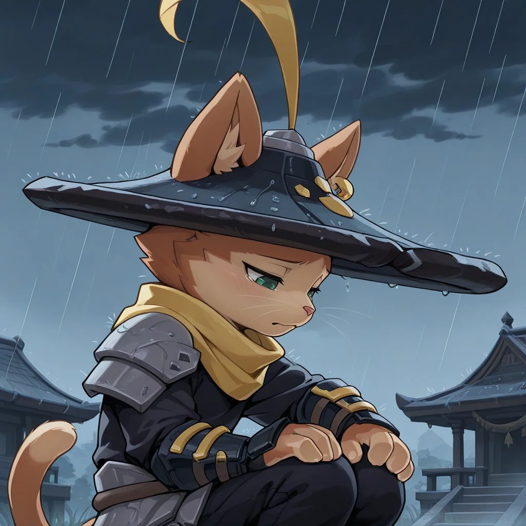 masterpiece, best quality, amazing quality, cr0wnprinc3, male, furry male, anthro, solo, cat, orange fur, two-tone fur, green eyes, pointed ears, ear tufts, pink nose, whiskers, tail, feathered hat, gold piercing, black shirt, yellow scarf, shoulder pad, arm guards, light armor, black pants, sad, looking down, outdoors, temple, nighttime, rain, dark clouds