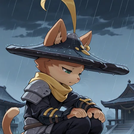 masterpiece, best quality, amazing quality, cr0wnprinc3, male, furry male, anthro, solo, cat, orange fur, two-tone fur, green eyes, pointed ears, ear tufts, pink nose, whiskers, tail, feathered hat, gold piercing, black shirt, yellow scarf, shoulder pad, arm guards, light armor, black pants, sad, looking down, outdoors, temple, nighttime, rain, dark clouds
