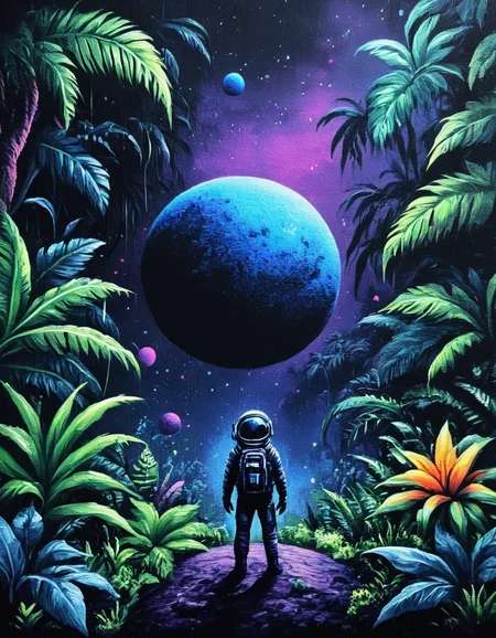 novuschroma49 style jungle explorer exploring an alien planet as a painting on black canvas <lora:novuschroma49 style_2:1>