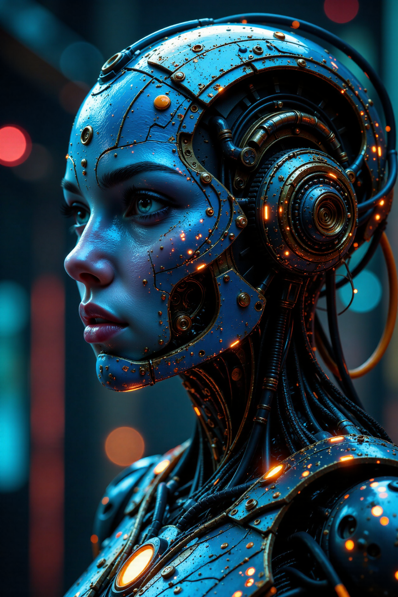 A highly detailed cybernetic humanoid with a metallic blue face, seamlessly integrated into an intricate mechanical system. Its synthetic skin is adorned with golden circuits, embedded microchips, and glowing orange energy lines. The androidâs large, expressive eyes are filled with a deep artificial intelligence presence, scanning its surroundings. Wires, gears, and complex technological components intertwine around its head and body, connecting it to a vast futuristic mainframe. The environment is a dark, neon-lit cybernetic core, pulsating with energy, evoking a futuristic AI-driven world where machines and consciousness merge.
<lora:aidmaFLuxPro1.1_v0.3:0.5> <lora:aidmaImageUpraderv0.3:0.4> <lora:aidmaMJ6.1_v0.5_3:0.3> <lora:ck-shadow-circuit:0.3> <lora:Kodak Motion Picture Film style v1:0.6> <lora:midjourney_whisper_flux_lora_v01:0.4> <lora:Midjourney_Dreamlike_Fantasy_FLUX_LoRA:0.3> <lora:more_details:0.8> <lora:Super_Eye_Detailer_By_Stable_Yogi_SDPD0:0.6> <lora:UltraRealPhoto:0.3> <lora:flux-colourful:1> <lora:Servitor_-_Warhammer_40000_Flux:1>